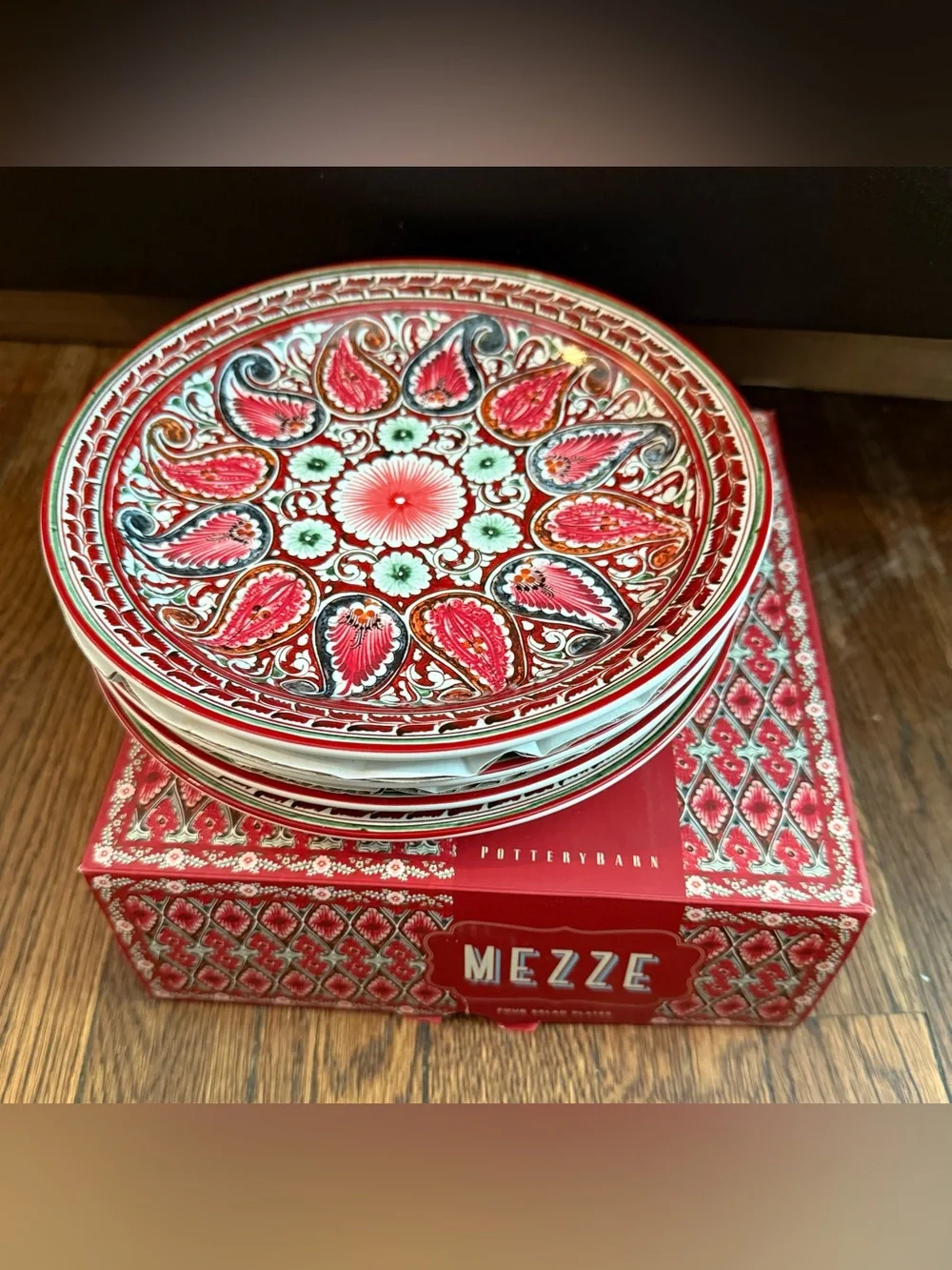 NEW Pottery Barn Mezze Salad 8.5” Plates Set of 4 Paisley Red Pattern
